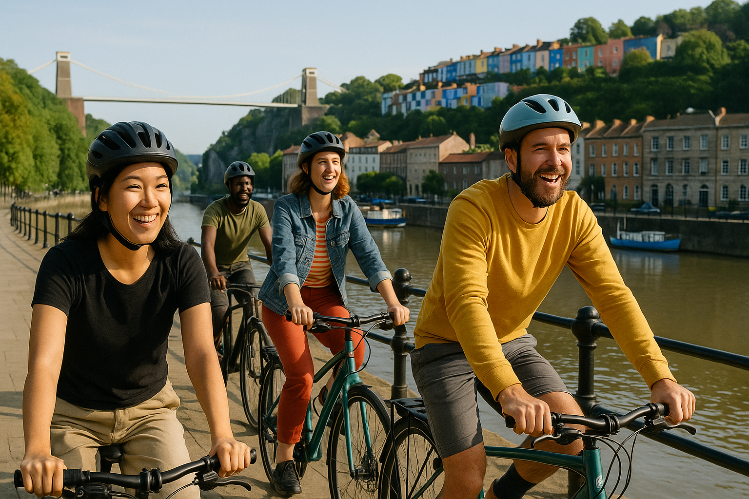 Cyclists riding through Bristol's Old City and Harbourside past street art